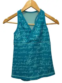 Lululemon Deep V-Neck Teal Blue Cursive Writing Tank Top Size 4 Yoga Athletic