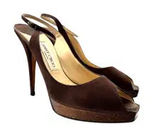 Jimmy Choo Platform Slingback Peep-toe High Heels in Brown Suede Size 39.5