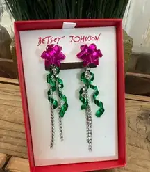 BETSEY JOHNSON NEW RELEASE PINK BOW/GREEN TINSEL RHINESTONE DANGLE EARRINGS