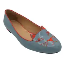 Charlotte Olympia Leather Kitty Cat Flats Blue Red Embroidered EU 39.5 US 9.5