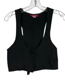 Vintage Y2K Lipsy Black Button Front Mini Cropped Stretch Low Cut Vest Top L