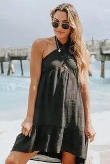 Cross Front Halter Black Ruffle Hem Dress