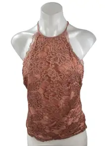 H&M Women's Brown Lace Floral Sleeveless Halter Open Back Sheer Crop Tank Top S
