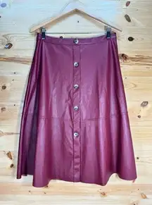 Shein Women's Burgundy Red Faux Leather Knee Length A-Line Skirt Button Front