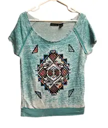 Sweater Project Light Aqua Blue Aztec Short Sleeve Oversized Blouse Size XL