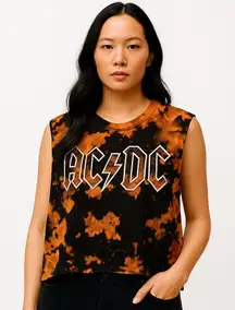 AC/DC Black Orange Bleach Tie Dye Rock Band Muscle Tank Top Size M