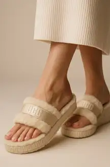 UGG Fluff Yeah Slide Sandal Cream Sheepskin Slippers Adjustable Strap