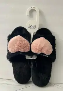 Jenni Slippers Fluffy Slides Plush Faux Fur Size XL 11-12 Black/Pink Heart