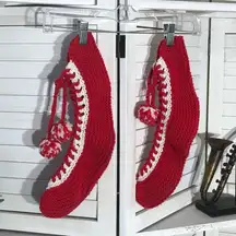 Vintage 70s Hand Knit Wool Socks Red White Pompoms Adult OS