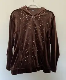 Moka‎ Sport Velour Rhinestone Zip Up Hoodie Brown Casual Comfy Large Y2K Sparkle