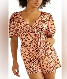 Peach Leopard Print Short Sleeve Faux Wrap Romper Size XL Shorts Pockets