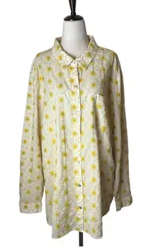 J Jill Shirt Women 3X Yellow Floral Embroidered Daisy Button Down Boho‎ Cottage