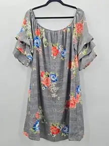 Love J Gray Floral Short Sleeve Knee Length Plus Dress 1X