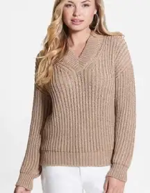 GUESS Dirty Lurex Metallic Cut-Out Neck Sweater Gold Shimmer Size Medium NWT