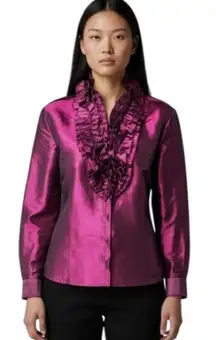 Lafayette 148 New York 100% Silk Taffeta Ruffle Blouse 12 Iridescent Purple