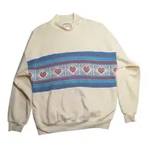 Vtg 1980s Act III Ivory Mock Neck Knit Heart Panel Light Pullover Sweater L