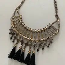 Y2k festival boho goth fringe tassel statement necklace silver black
