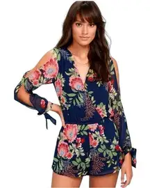 Lulus Run Away With Me Navy Blue Floral Print Long Sleeve Romper
