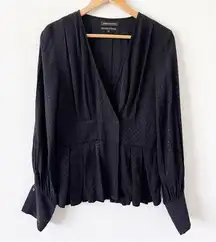 Something Navy Waist Detail Jacquard Long Sleeve V-Neck Blouse in Black