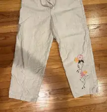 Tan 100%  Linen Drawstring Embroidered Flower Women's Size Large Petite Pant