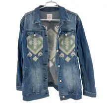 LuLaRoe Denim Jacket Yellow cream sage Embroidery stretch casual L boho Aztec SW
