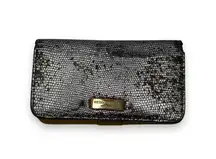 Henri Bendel Metallic Silver‎ Pebbled Black Saffiano Leather Phone & Card Wallet