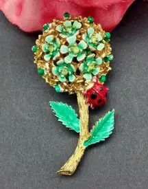 Adorable Gold Tone & Green Enamel Flower Brooch Ladybug Rhinestones 2 Inch