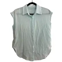 Cyan Blue Beachy Boho Lightweight Button‎ Up Short Sleeve Top