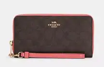 NWOT Coach Long Zip Around Wallet In Signature Canvas Gold Pink Lemonade Brown