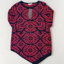 Joan Vass New York Sweater Tunic Size M Black Red Jacquard Asymmetrical Hem