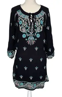 Tolani Celeste Embroidered Black Tunic Dress Women’s Size M Chiffon Tie Neck