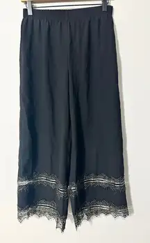 Donna Karan Black Wide Leg Cropped Pants Lace Trim Elastic Waist XXS