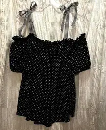 Monteau Polka Dot Top with Ruffle Detail, Gingham Shoulder Ties, Short Sleeve, Sz Large