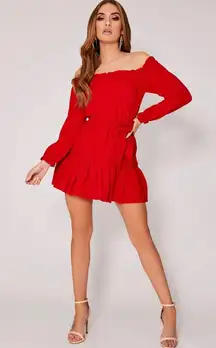 Red Crepe Bardot Frill Hem Mini Dress