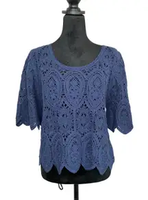 Solitaire‎ Anthropologie Short Sleeve Crochet Knit Boho Cottage Navy Size Small