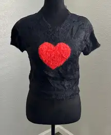 Forever 21 Black Fuzzy Crop Top with Red Heart