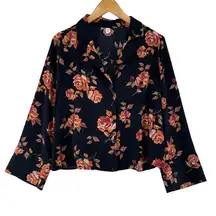 BP Brass Plum Button Front Shirt Womens Small Black Floral Polyester Wide Sleeve
