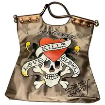 Ed Hardy Vintage Y2K Copper Brown Love Kills Slowly Tattoo Vinyl Tote Handle Bag