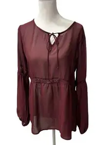 Charming Charlie Burgundy Long Sleeve Sheer Blouse