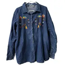Cabin Creek Denim Farm Animal Barn‎ Embroidered Button Down 22W Plus Women Shirt