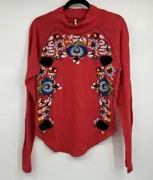 Free People  Red Disco Rose Embroidered Floral Long Sleeve Top Size Large L