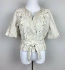 Elie Tahari Wrap Jacket M Linen Beige‎ Floral Applique Crop Short Sleeve