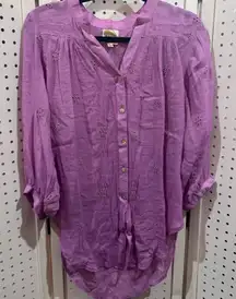 Fig and Flower Purple Embroidered Eyelet Button Up Tunic Blouse Top Size S
