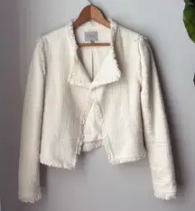 Dalia Tweed White Cream Fringe Raw Hem Natural Woven Blazer