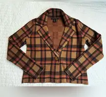 Tahari Cropped Sweater Blazer Jacket Tan Plaid