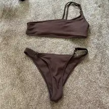 Brown Ribbed One Shoulder Bikini