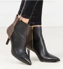 Michael Kors Monogram Heeled Boots Leather Ankle Black Brown Pointed Toe