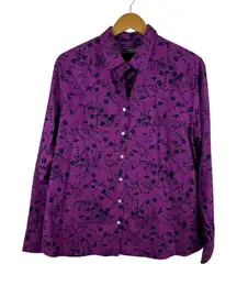 Lands End Floral Button Down Shirt Size 14 Purple Supima Cotton No‎ Iron Office