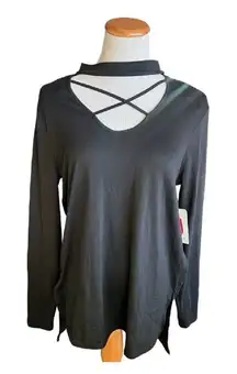NWT Womens Bobbie Brooks Black Cage Neck Detail Tunic Top - Sz L