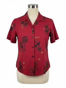 Dress Barn Blouse Medium Red Black Zebra Print Shirt 90s Boho Safari Vintage